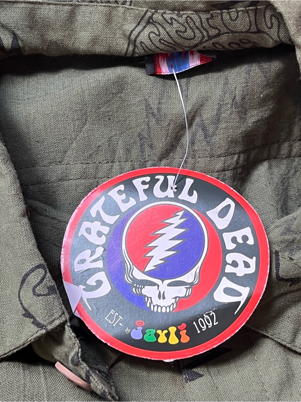 Jayli Grateful Dead Olive Shirt with Black Yoke and SYF, Bertha and Dancing Bear - Picture 3 of 5